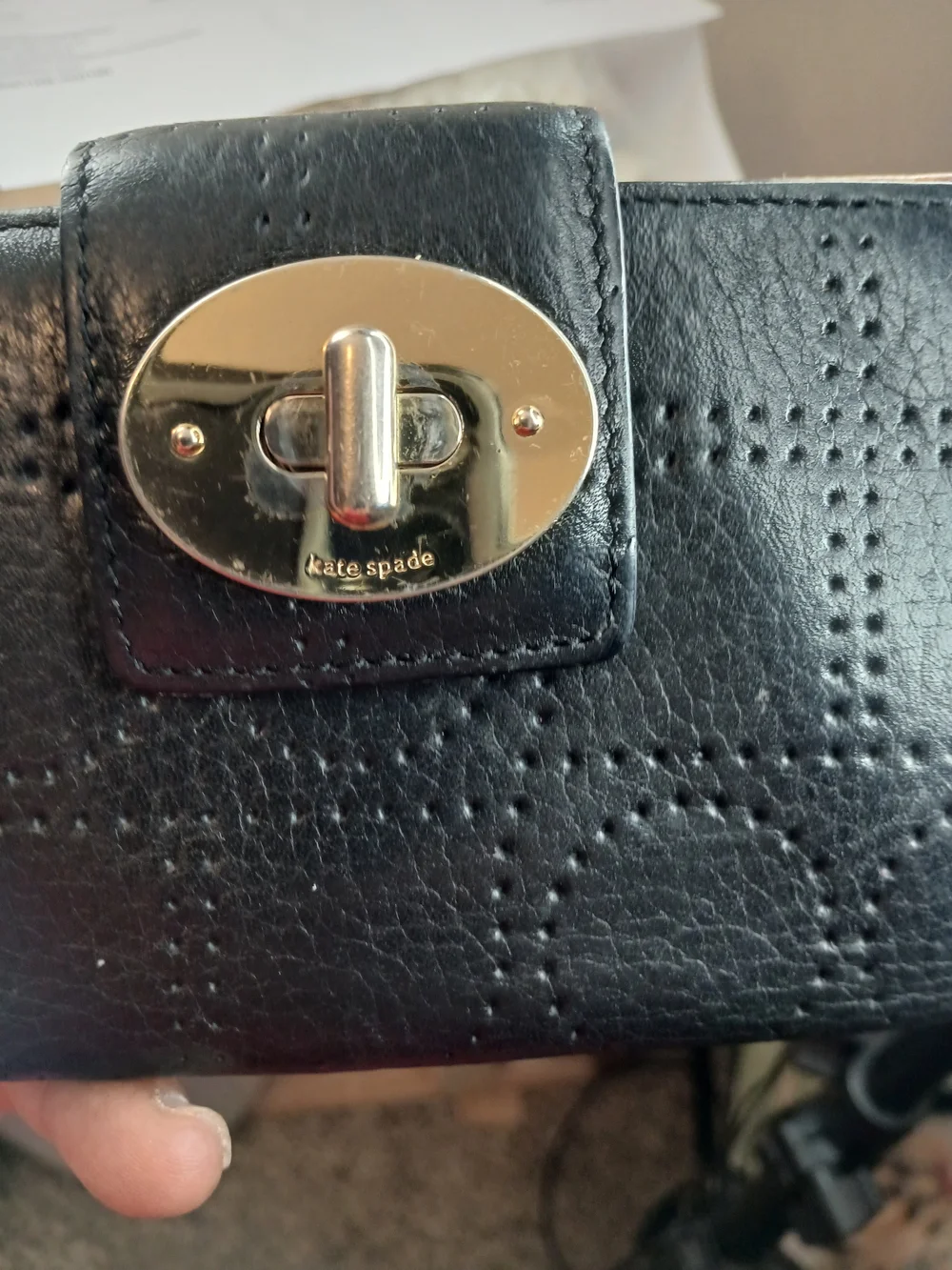 kate spade Black Leather Turn-Lock Continental Wallet with Stitch Detailing